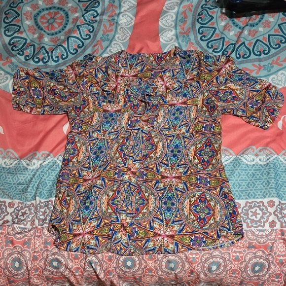 Unknown Tops - 3/$10 Vibrant Blue and Orange Fitted Ruffled 3/4 Sleeve Blouse